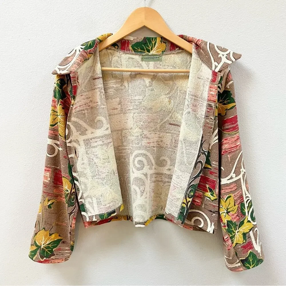 Vintage 60's 70's Unique Cropped Brown Floral Tapestry Jacket, Women's Small - Picture 3 of 9